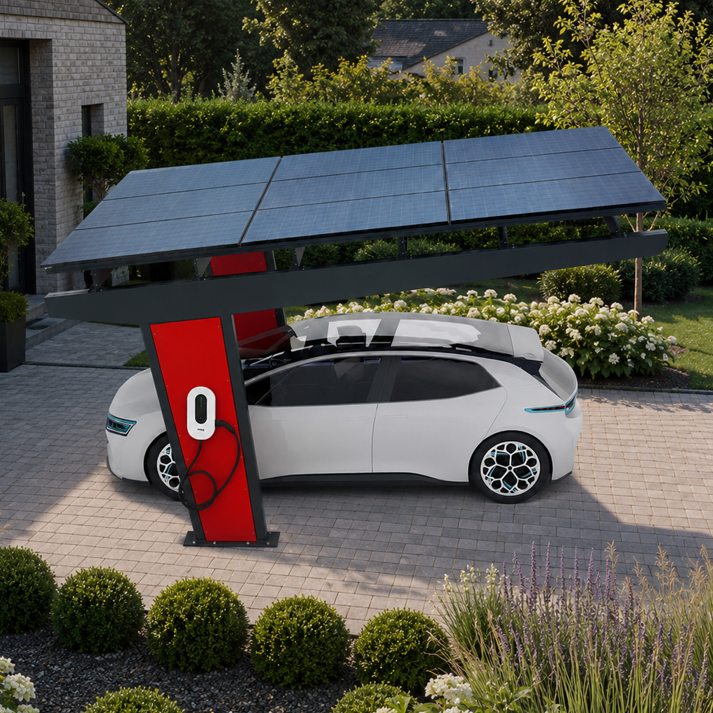 Carport solaire 1 voiture avec panneaux photovoltaïques et borne de recharge EV SolaX, installé devant une maison contemporaine avec aménagement paysager en Belgique.