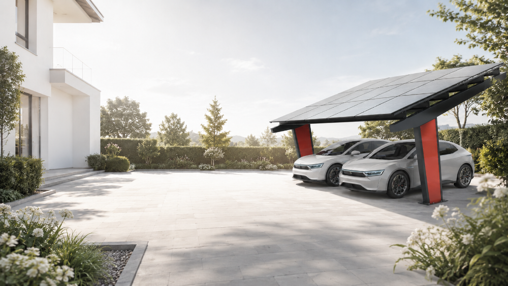 Carport solaire 2 voitures avec panneaux photovoltaïques et structure anthracite, installé dans une propriété contemporaine paysagée en Belgique.