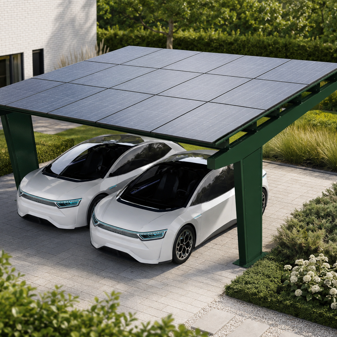 Carport solaire 2 voitures avec structure en aluminium vert RAL 6005 et habillage décoratif assorti, présenté dans un cadre résidentiel contemporain en Belgique.