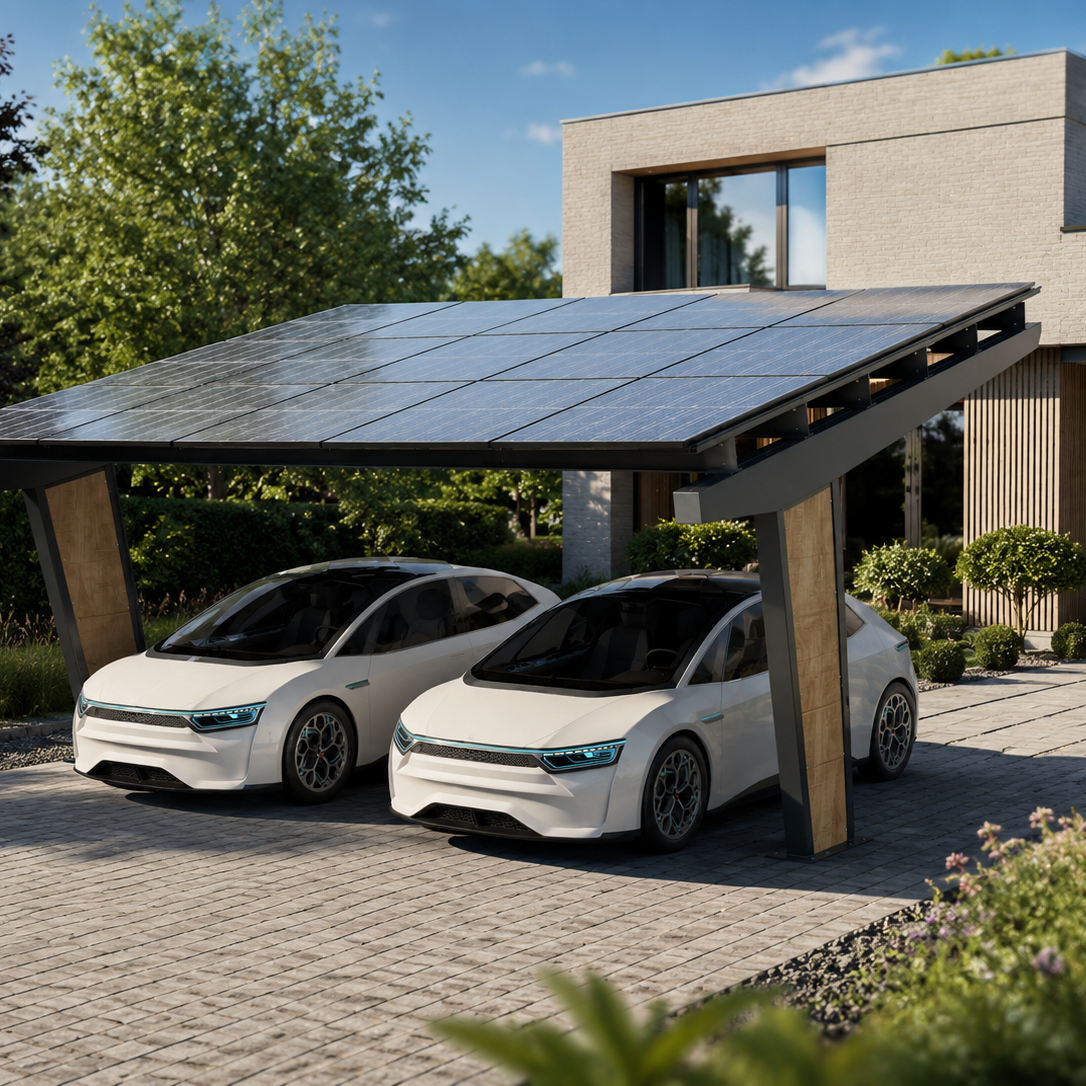 Carport solaire avec habillage décoratif en bois installé devant une maison contemporaine de style belge, avec aménagement paysager soigné.