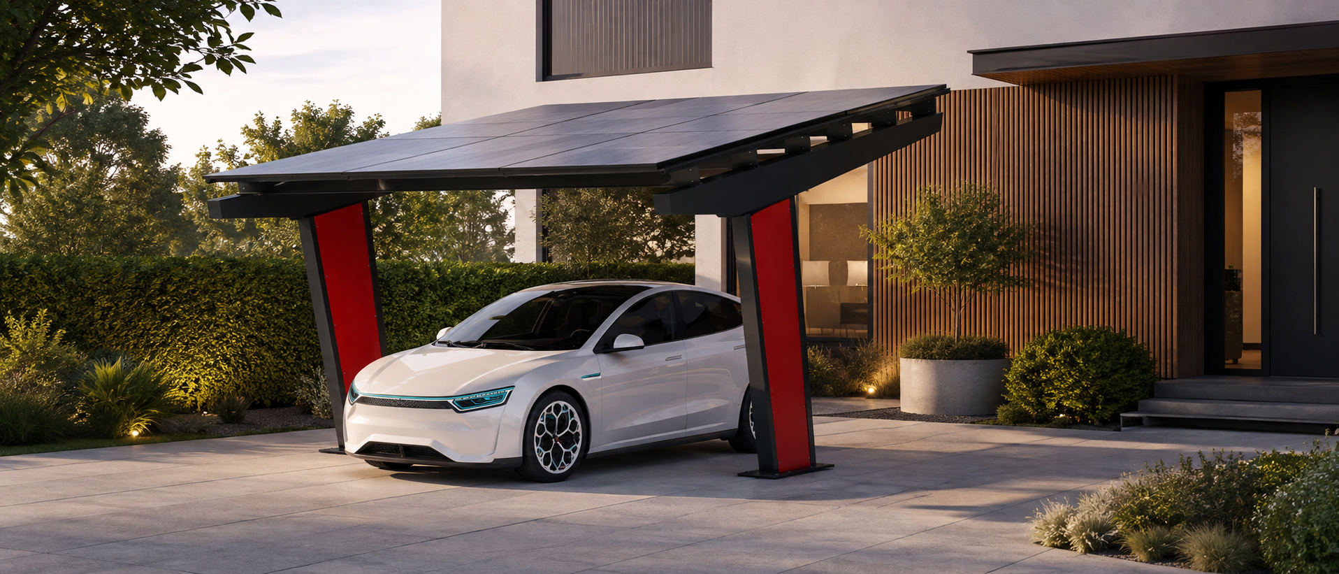 Carport solaire Modèle 11 avec panneaux photovoltaïques, installé devant une maison moderne avec jardin paysager et voiture électrique stationnée dessous.