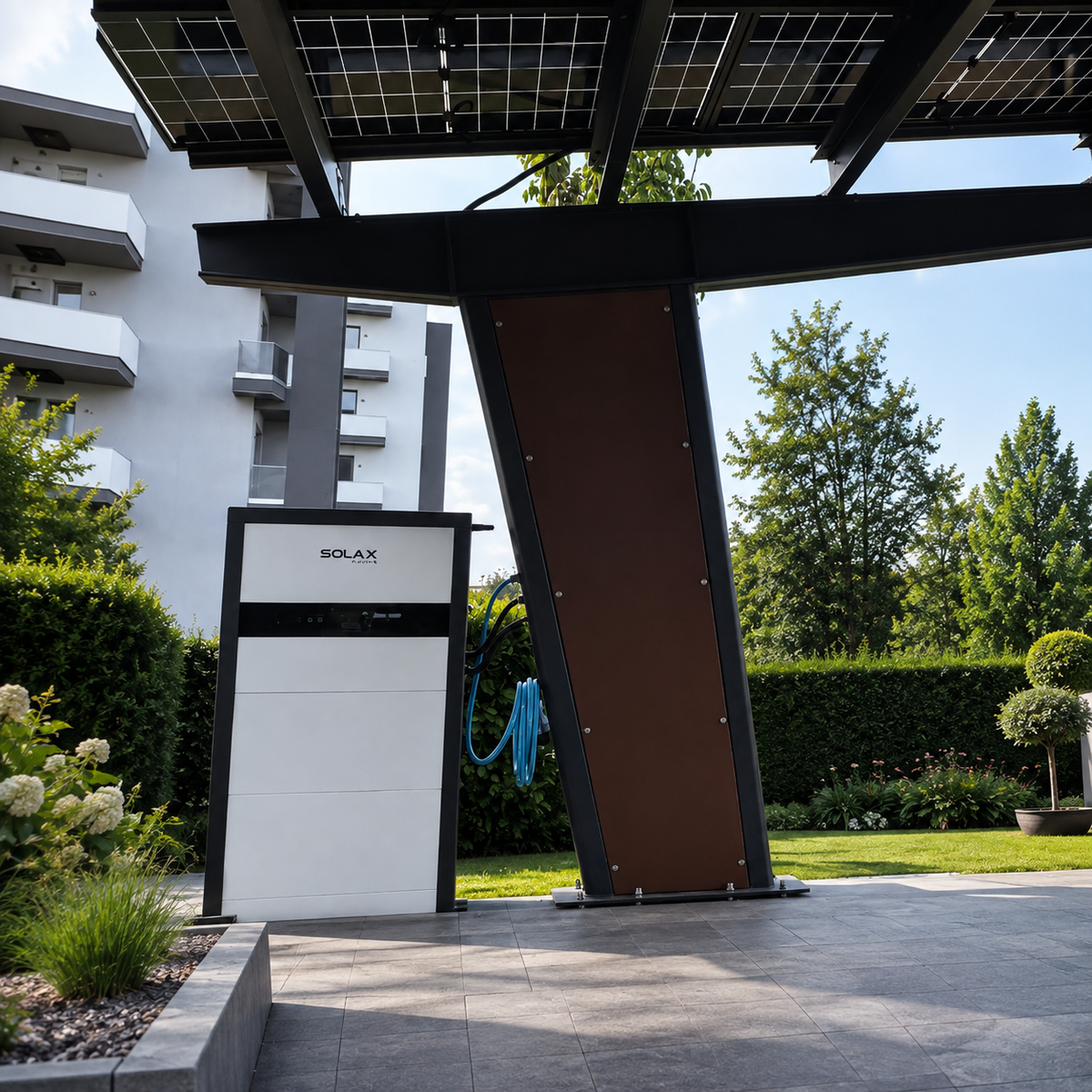 Carport solaire avec panneaux photovoltaïques, borne de recharge Solax et aménagement paysager dans un cadre résidentiel haut de gamme en Belgique.