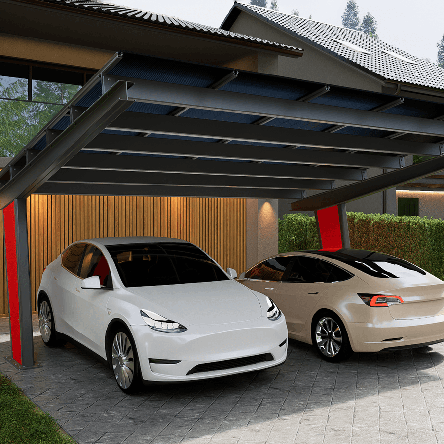 Carport solaire Todome Modèle 11 - 2 voitures installé devant une maison contemporaine en Belgique