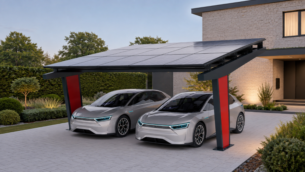 Carport solaire Todome Modèle 11 pour deux voitures installé devant une maison contemporaine en Belgique