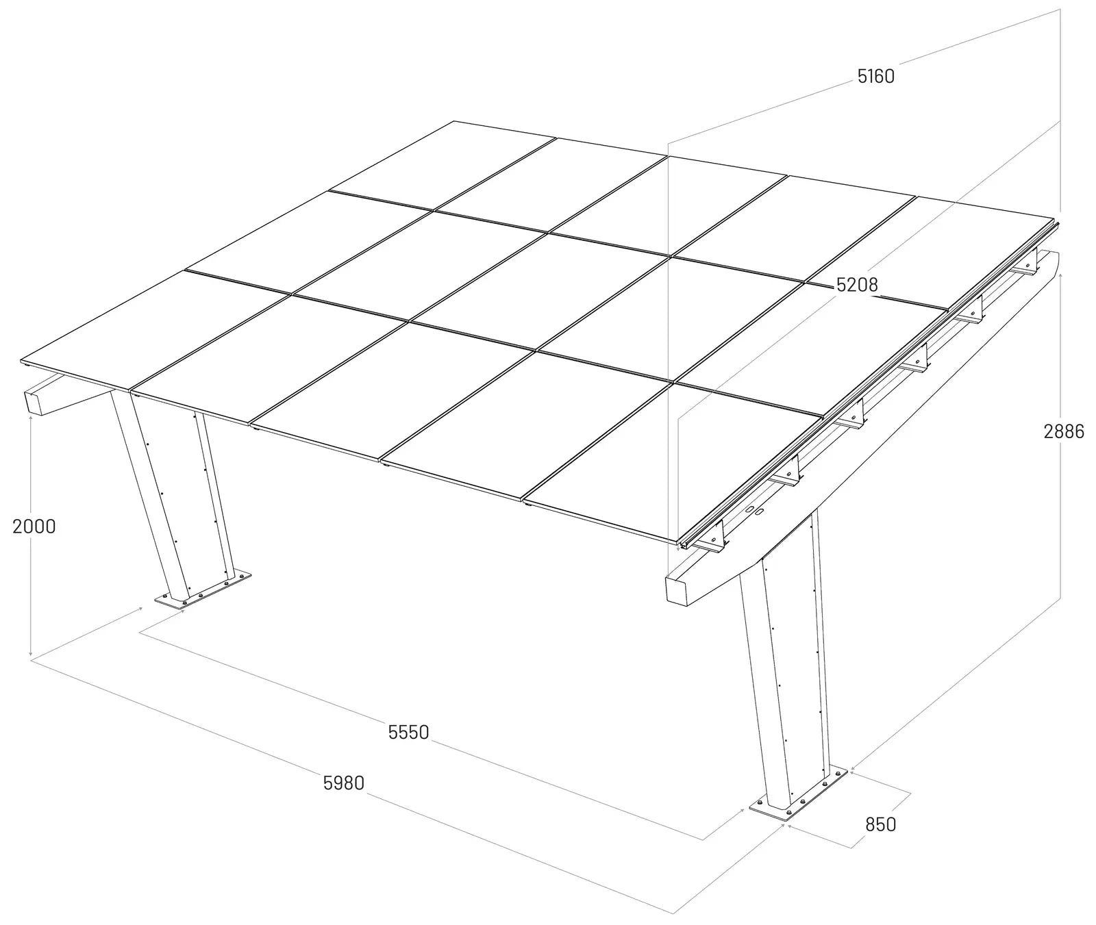 Schéma technique du carport solaire Todome Modèle 11 pour 2 voitures