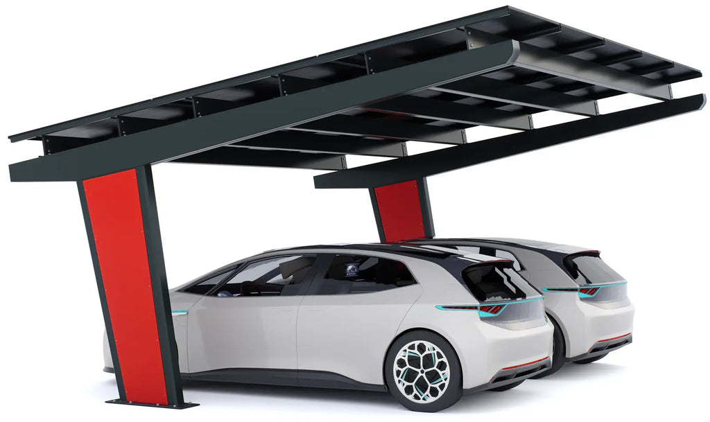 Vue trois-quarts du carport solaire Todome Modèle 11 avec deux véhicules