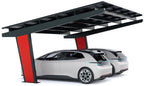 Vue trois-quarts du carport solaire Todome Modèle 11 avec deux véhicules