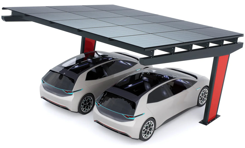 Vue en angle du carport solaire Todome Modèle 11 pour 2 voitures