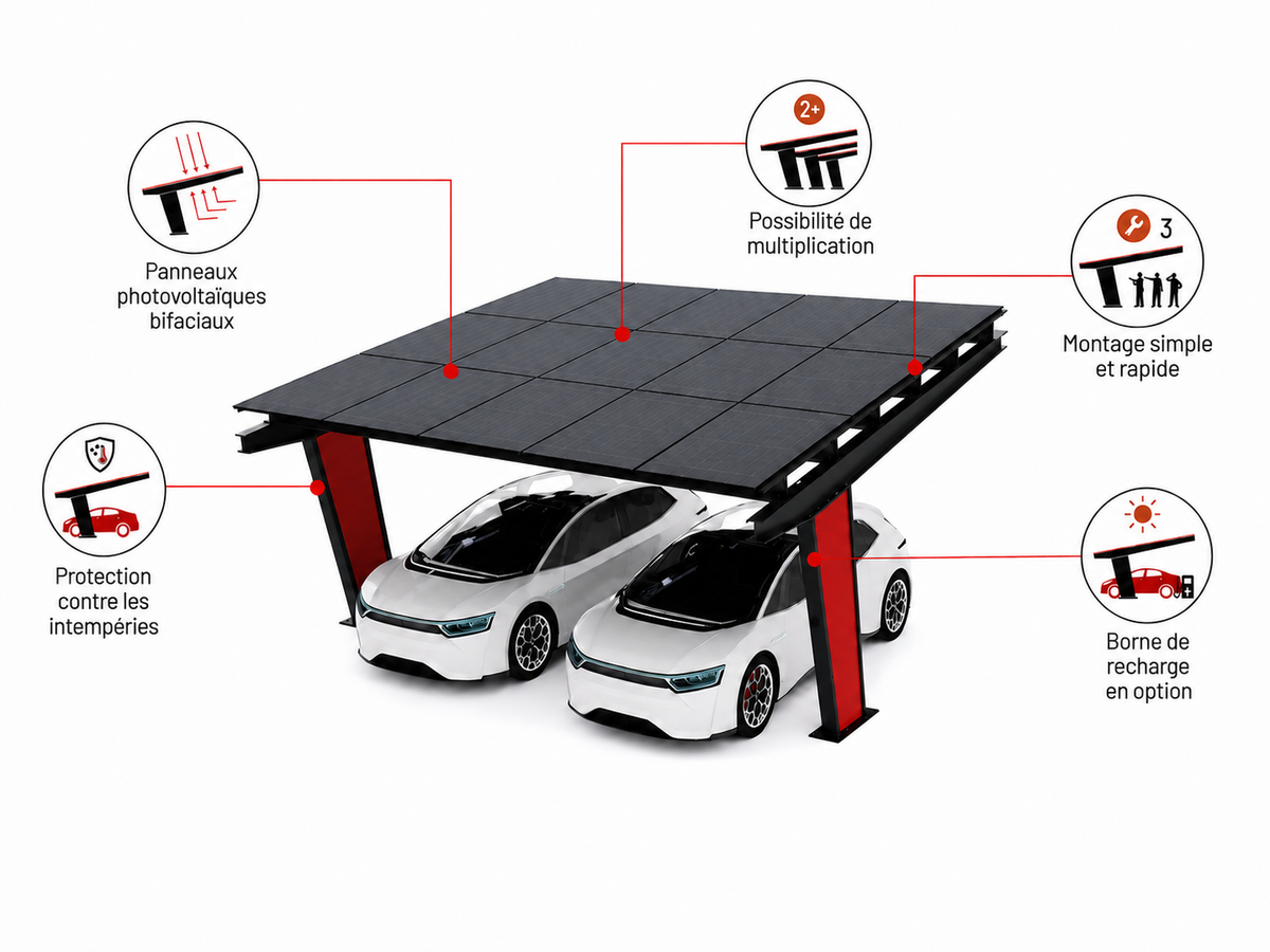 Carport solaire Todome Modèle 11 avec panneaux photovoltaïques bifaciaux, protection contre les intempéries et options de configuration
