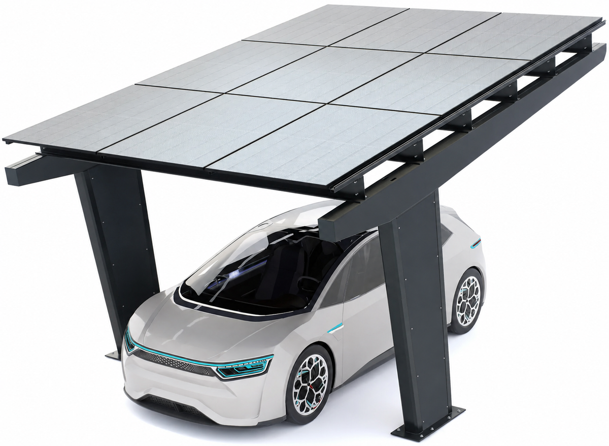 Carport solaire Todome Modèle 11 pour 1 voiture en finition gris anthracite avec toiture photovoltaïque