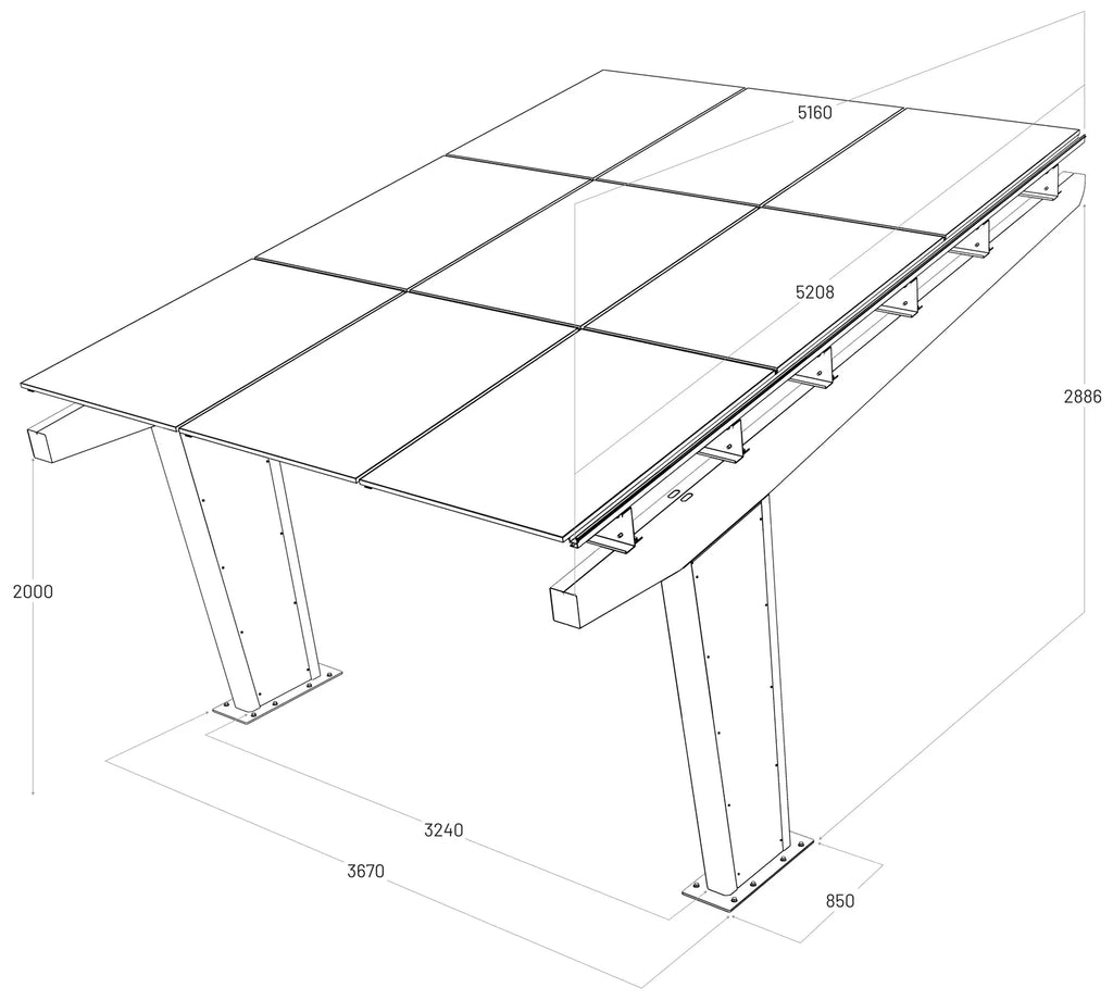 Plan des dimensions du carport solaire Todome Modèle 11 pour 1 voiture